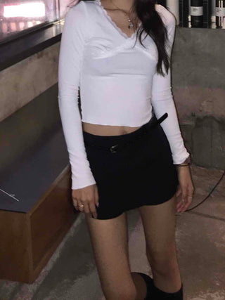 Belted Denim A-line High-waisted Mini Skirt