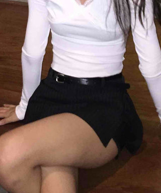 Belted Denim A-line High-waisted Mini Skirt
