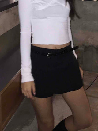 Belted Denim A-line High-waisted Mini Skirt