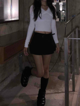 Belted Denim A-line High-waisted Mini Skirt