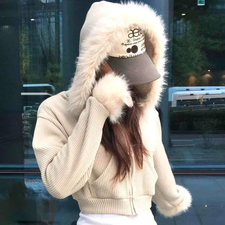 Luxury Fur Cuff Voluminous Hooded Crop Zip-up