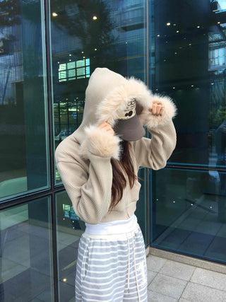 Luxury Fur Cuff Voluminous Hooded Crop Zip-up