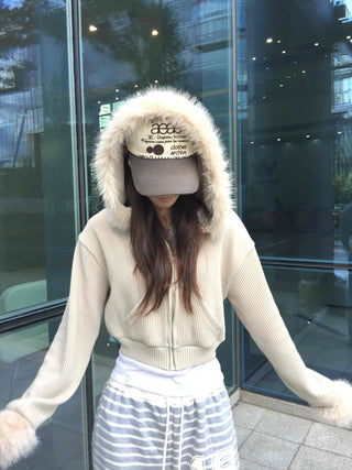 Luxury Fur Cuff Voluminous Hooded Crop Zip-up