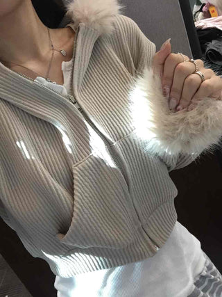 Luxury Fur Cuff Voluminous Hooded Crop Zip-up