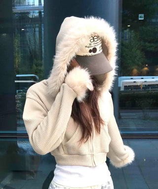 Luxury Fur Cuff Voluminous Hooded Crop Zip-up