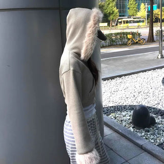 Luxury Fur Cuff Voluminous Hooded Crop Zip-up