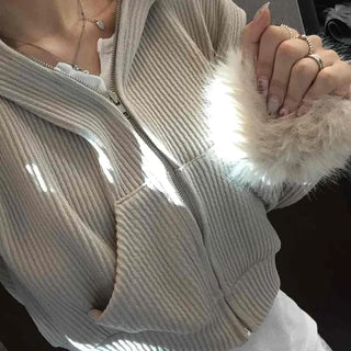 Luxury Fur Cuff Voluminous Hooded Crop Zip-up