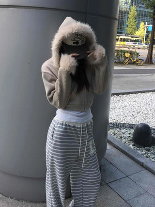 Luxury Fur Cuff Voluminous Hooded Crop Zip-up