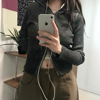 Ribbed Knit Crop Half Zip Cardigan