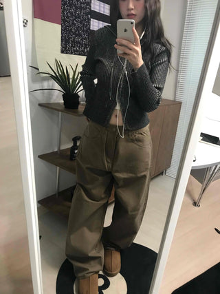 Ribbed Knit Crop Half Zip Cardigan