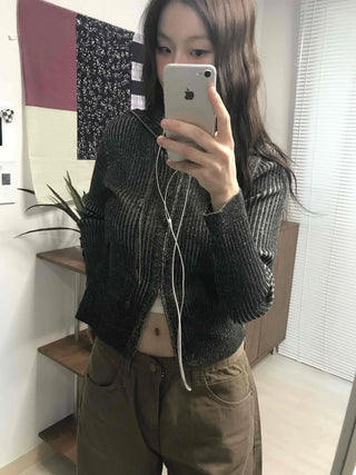 Ribbed Knit Crop Half Zip Cardigan