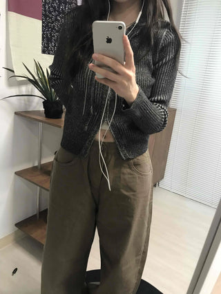 Ribbed Knit Crop Half Zip Cardigan