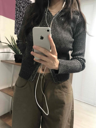Ribbed Knit Crop Half Zip Cardigan