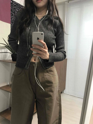 Ribbed Knit Crop Half Zip Cardigan