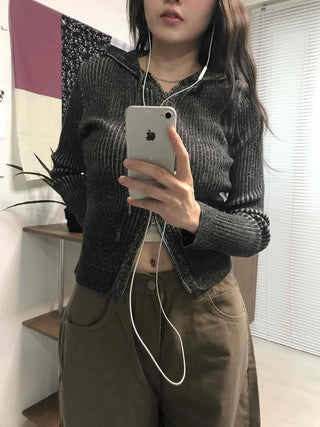 Ribbed Knit Crop Half Zip Cardigan