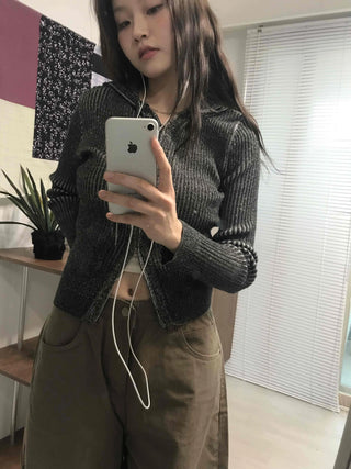 Ribbed Knit Crop Half Zip Cardigan