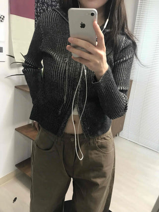 Ribbed Knit Crop Half Zip Cardigan