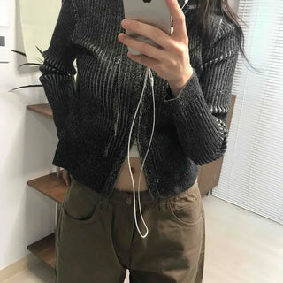 Ribbed Knit Crop Half Zip Cardigan