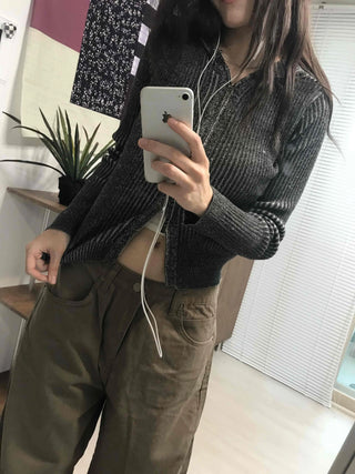 Ribbed Knit Crop Half Zip Cardigan