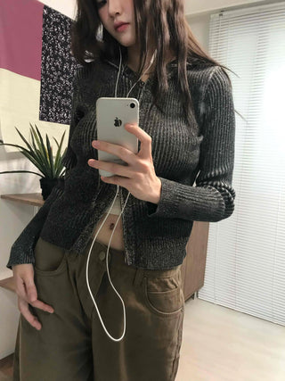 Ribbed Knit Crop Half Zip Cardigan