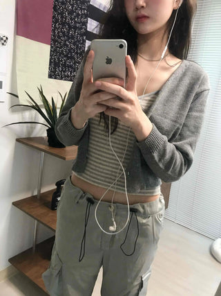 Front Shirred V-Neck Cropped Ribbed Striped Sleeveless