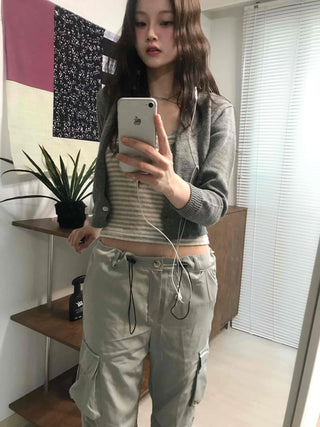 Front Shirred V-Neck Cropped Ribbed Striped Sleeveless