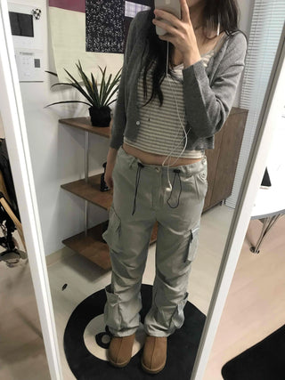 Front Shirred V-Neck Cropped Ribbed Striped Sleeveless