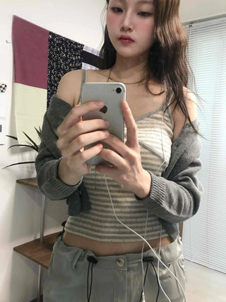 Front Shirred V-Neck Cropped Ribbed Striped Sleeveless