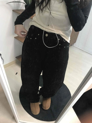 Hip Chain Loose Fit Studded Pocket Cotton Pants