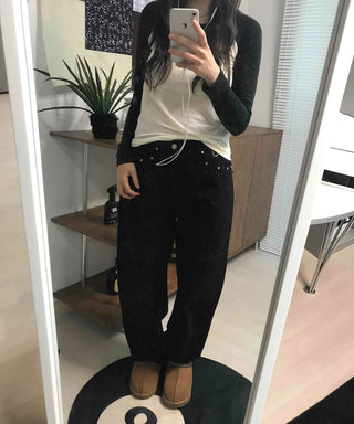 Hip Chain Loose Fit Studded Pocket Cotton Pants