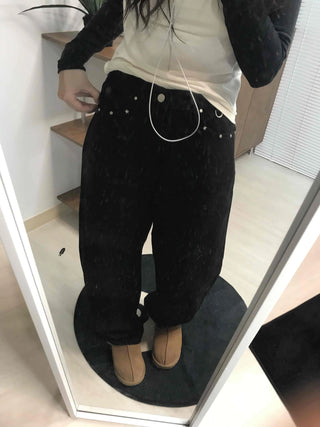 Hip Chain Loose Fit Studded Pocket Cotton Pants