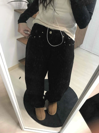 Hip Chain Loose Fit Studded Pocket Cotton Pants