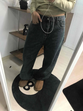 High-Waisted Loose Fit Vintage Washed Denim Pants