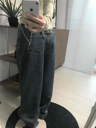 High-Waisted Loose Fit Vintage Washed Denim Pants