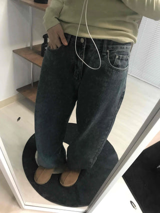 High-Waisted Loose Fit Vintage Washed Denim Pants