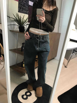 High-Waisted Loose Fit Vintage Washed Denim Pants