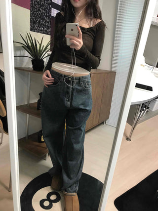 High-Waisted Loose Fit Vintage Washed Denim Pants