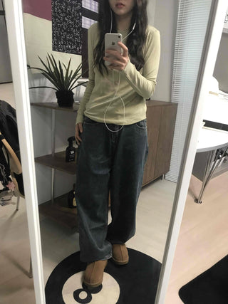 High-Waisted Loose Fit Vintage Washed Denim Pants