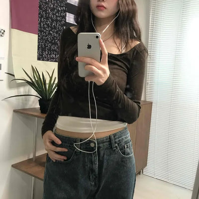 Daily See-through Boat Neck Crop Long Sleeve T-shirt
