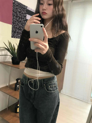 Daily See-through Boat Neck Crop Long Sleeve T-shirt