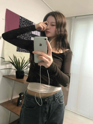 Daily See-through Boat Neck Crop Long Sleeve T-shirt