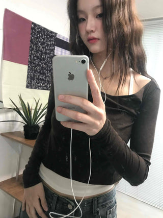 Daily See-through Boat Neck Crop Long Sleeve T-shirt