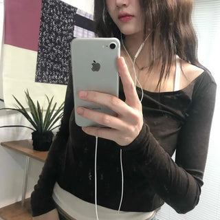 Daily See-through Boat Neck Crop Long Sleeve T-shirt
