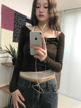 Daily See-through Boat Neck Crop Long Sleeve T-shirt