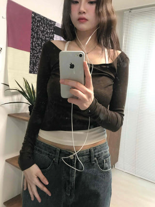 Daily See-through Boat Neck Crop Long Sleeve T-shirt