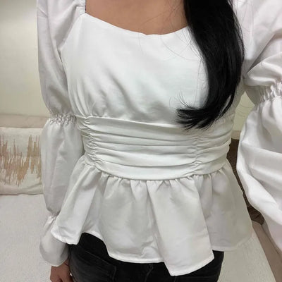 Romantic Satin Shirred Peplum Long Sleeve Blouse