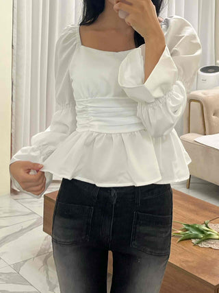 Romantic Satin Shirred Peplum Long Sleeve Blouse