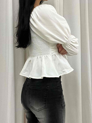 Romantic Satin Shirred Peplum Long Sleeve Blouse