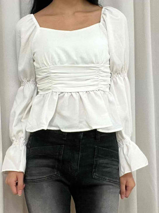 Romantic Satin Shirred Peplum Long Sleeve Blouse