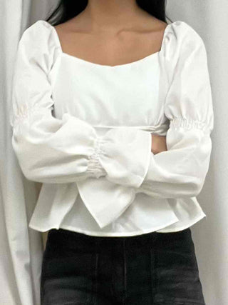 Romantic Satin Shirred Peplum Long Sleeve Blouse